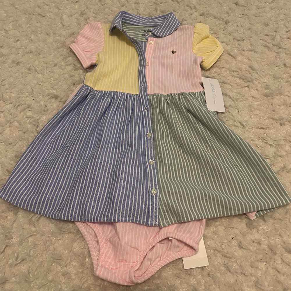 Ralph Lauren Pink and Yellow Pleated Sundress with Puff Sleeves
